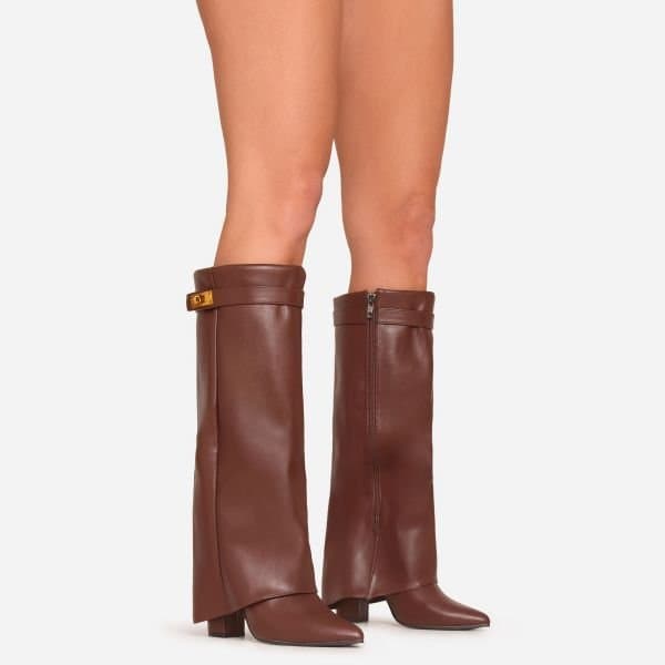 EGO Ava Lock Detail Pointed Toe Knee High Block Heel Boot In Brown Faux Leather, Women's Size UK 3