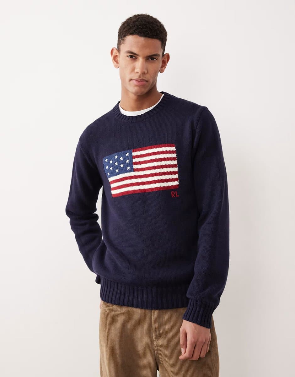 ASOS Polo Ralph Lauren large flag cotton cable knit jumper in navy