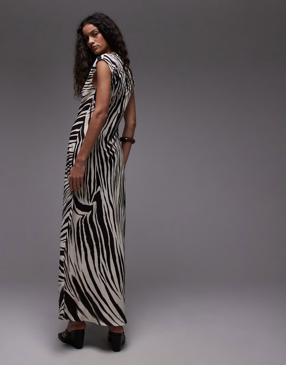 ASOS Mango slash neck mixed zebra print midi dress in white - 4