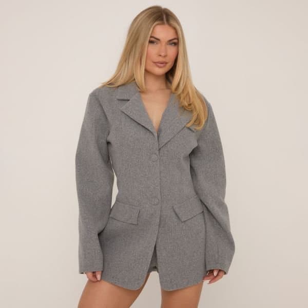 EGO WOOL LOOK POCKET DETAIL BLAZER PLAYSUIT IN GREY, Women's Size UK 6