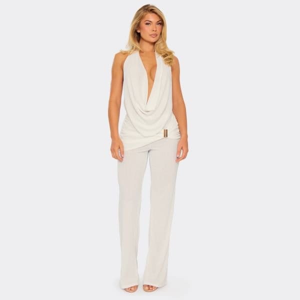 EGO Ruched Panel Trim Detail Straight Leg Trousers In White, Women's Size UK 6 - 1
