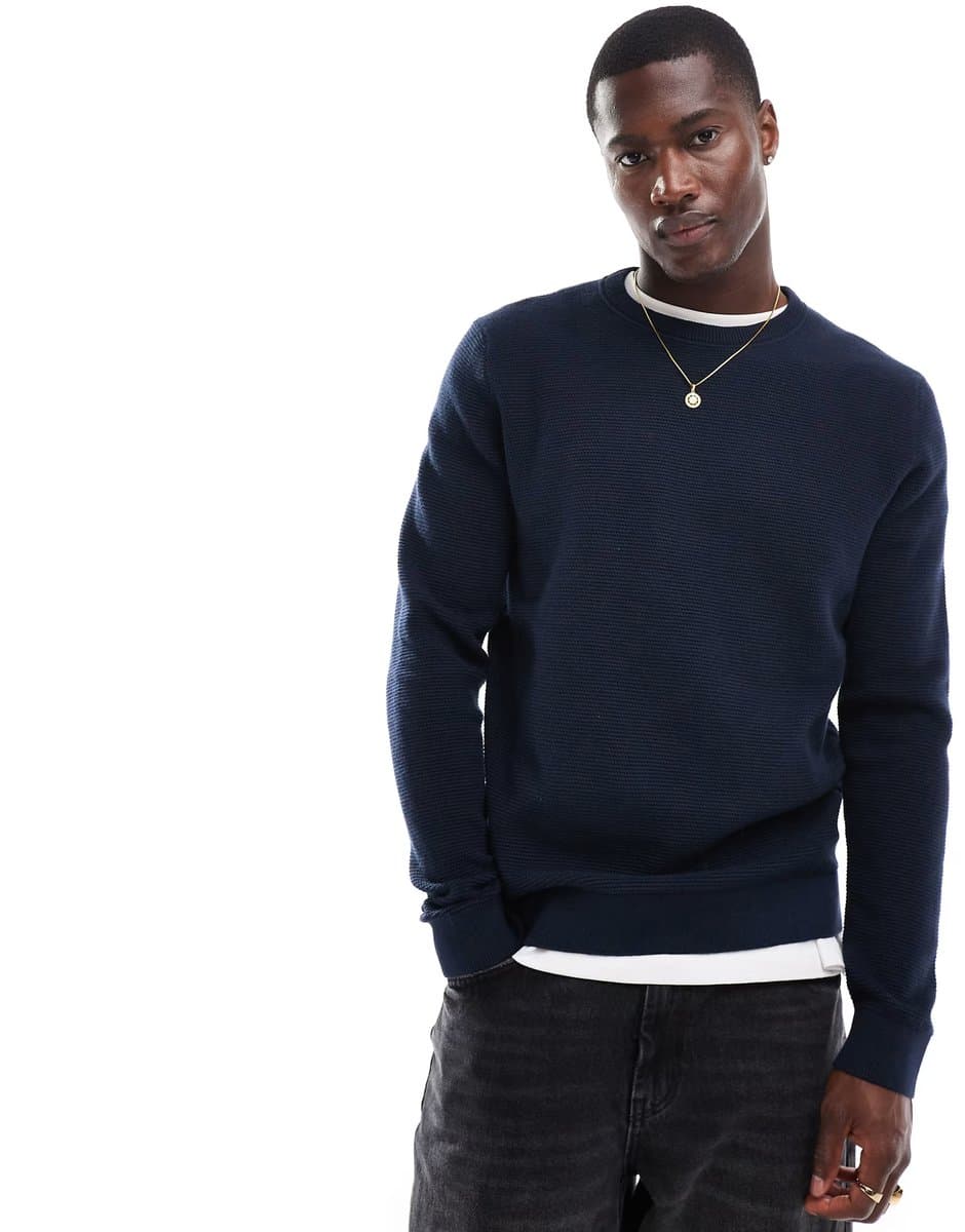 ASOS ASOS Navy Waffle Knitted Jumper with Crew Neck