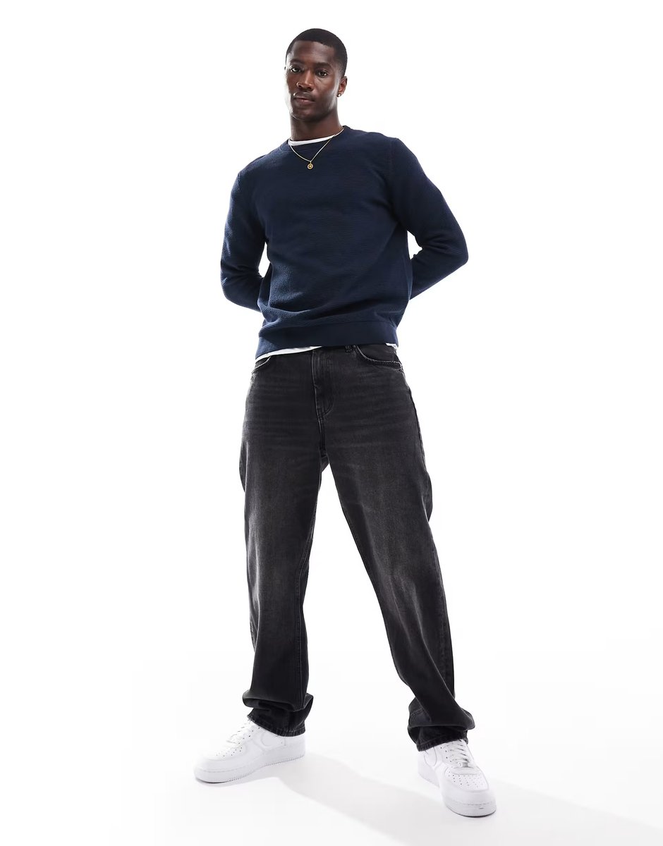 ASOS Selected 100% cotton waffle knitted jumper in navy - 2