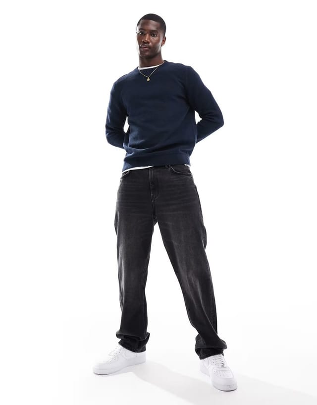 ASOS Selected 100% cotton waffle knitted jumper in navy - 2