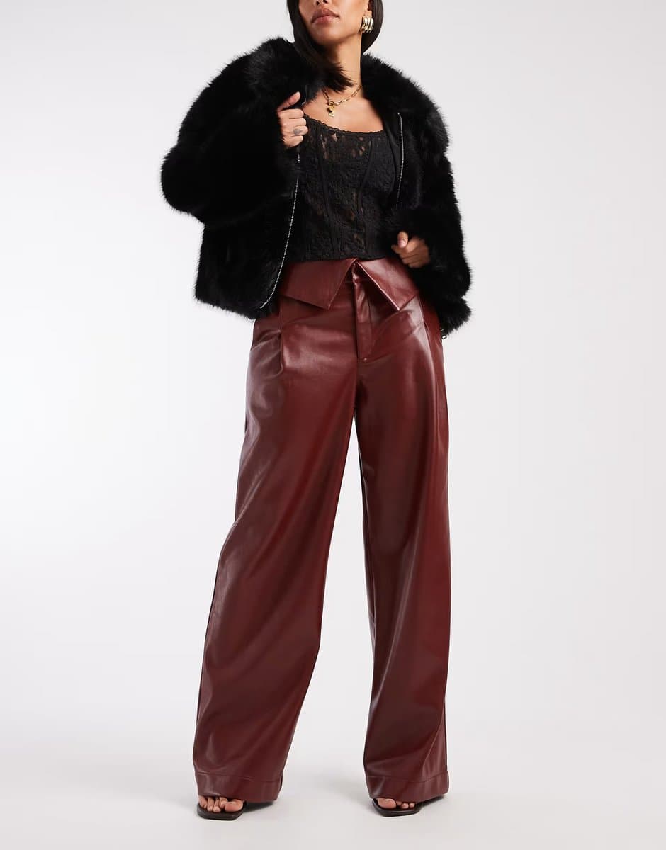 ASOS ASOS Faux Leather Wide Leg Trousers in Burgundy