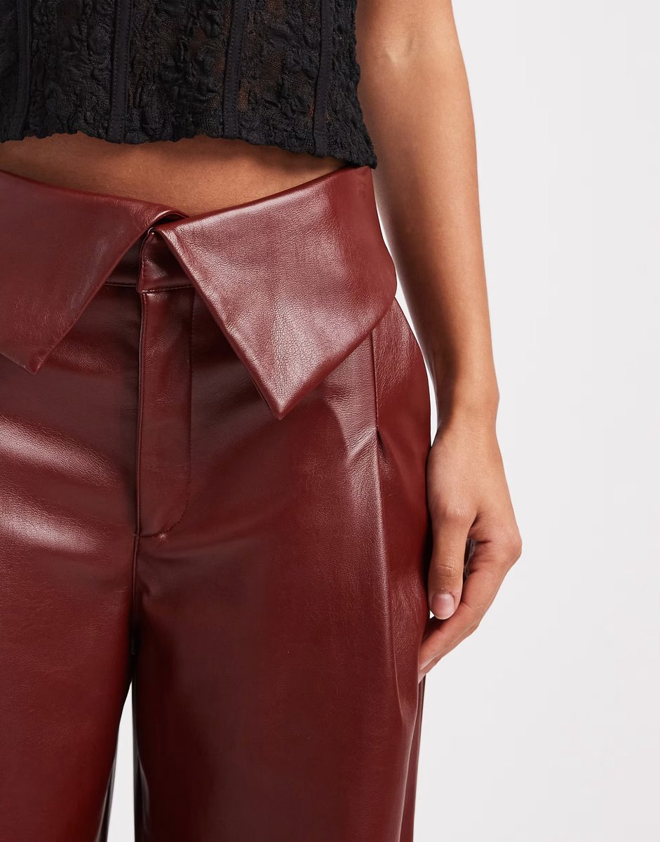ASOS ASOS DESIGN faux leather wide leg trousers with fold over waist detail in burgundy - 3