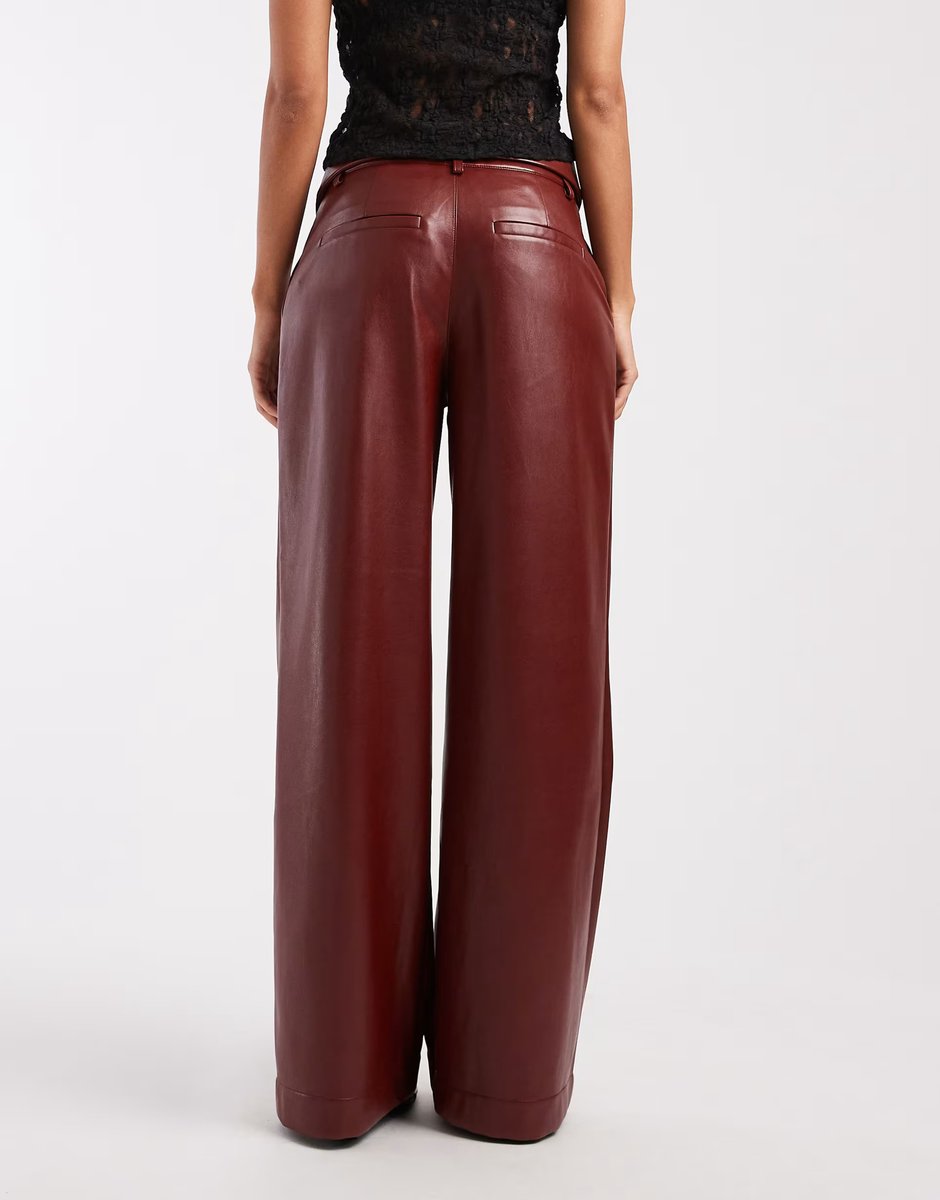 ASOS ASOS DESIGN faux leather wide leg trousers with fold over waist detail in burgundy - 4