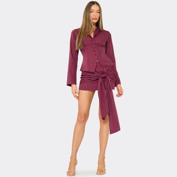 EGO Tie Front Detail Mini Skirt In Burgundy Pinstripe, Women's Size UK 6