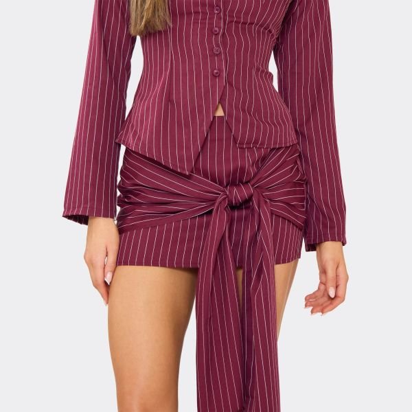 EGO Tie Front Detail Mini Skirt In Burgundy Pinstripe, Women's Size UK 6 - 2