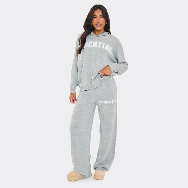 EGO Mid Rise Fluffy Essential Logo Detail Wide Leg Trousers In Grey Knit, Women's Size UK Large L