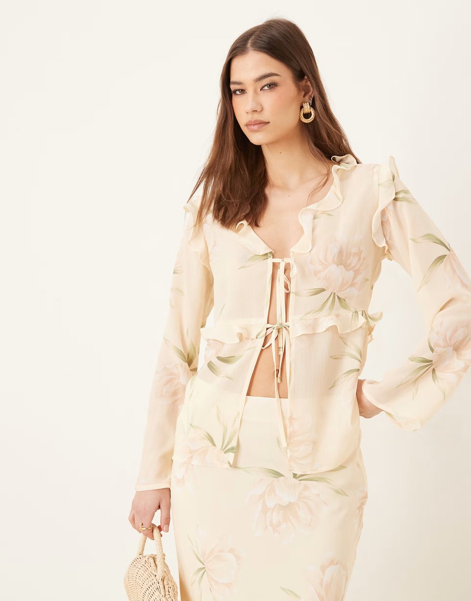 ASOS Pretty Lavish textured chiffon ruffle top co-ord in cream floral - 1