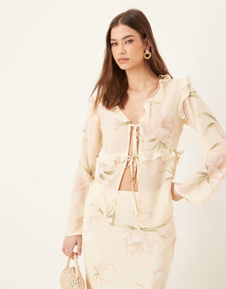 ASOS Pretty Lavish textured chiffon ruffle top co-ord in cream floral