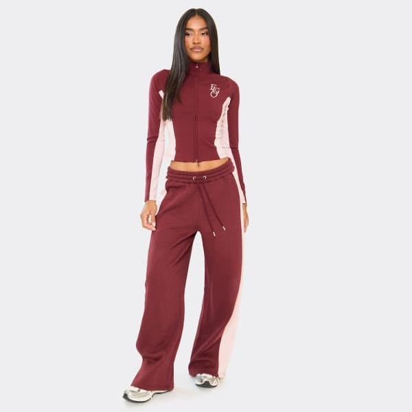 EGO Drawstring Waist Contrast Side Stripe Wide Leg Joggers In Burgundy, Women's Size UK 6
