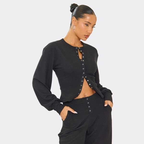 EGO EGO Black Ribbed Balloon Sleeve Cropped Top