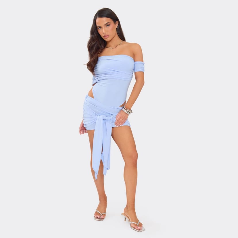 EGO Low Rise Drape Front Detail Mini Skirt In Blue Slinky, Women's Size UK 6 - 1