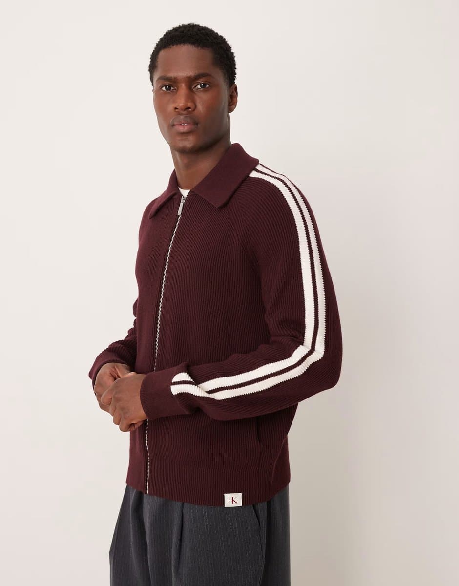 ASOS Calvin Klein Jeans stripe knit track jacket in burgundy and white