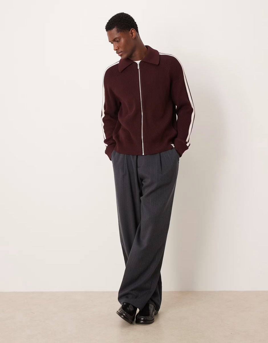 ASOS Calvin Klein Jeans stripe knit track jacket in burgundy and white - 2