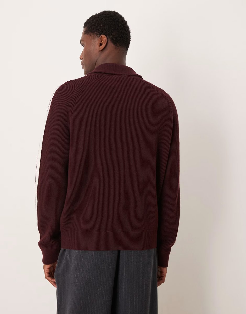 ASOS Calvin Klein Jeans stripe knit track jacket in burgundy and white - 3
