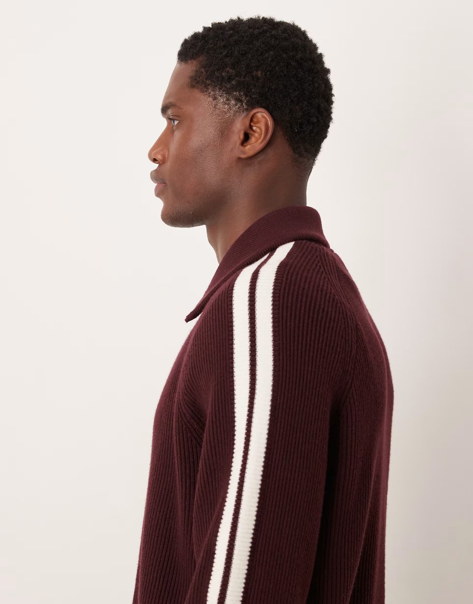 ASOS Calvin Klein Jeans stripe knit track jacket in burgundy and white - 4