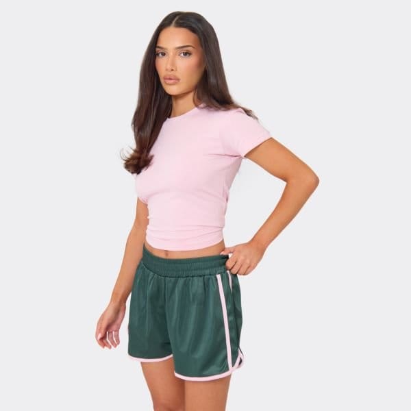 EGO Mid Rise Elasticated Waist Contrast Tricot Side Stripe Shorts In Green, Women's Size UK 6 - 1