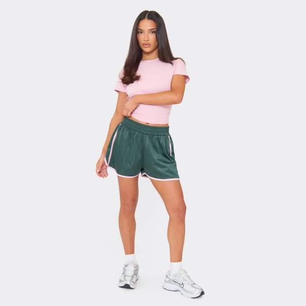 EGO Mid Rise Elasticated Waist Contrast Tricot Side Stripe Shorts In Green, Women's Size UK 6 - 2