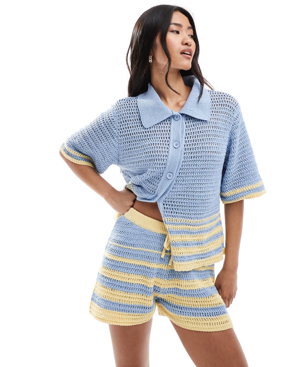 ASOS ASOS DESIGN knitted crochet short co-ord in blue and yellow stripe - 1