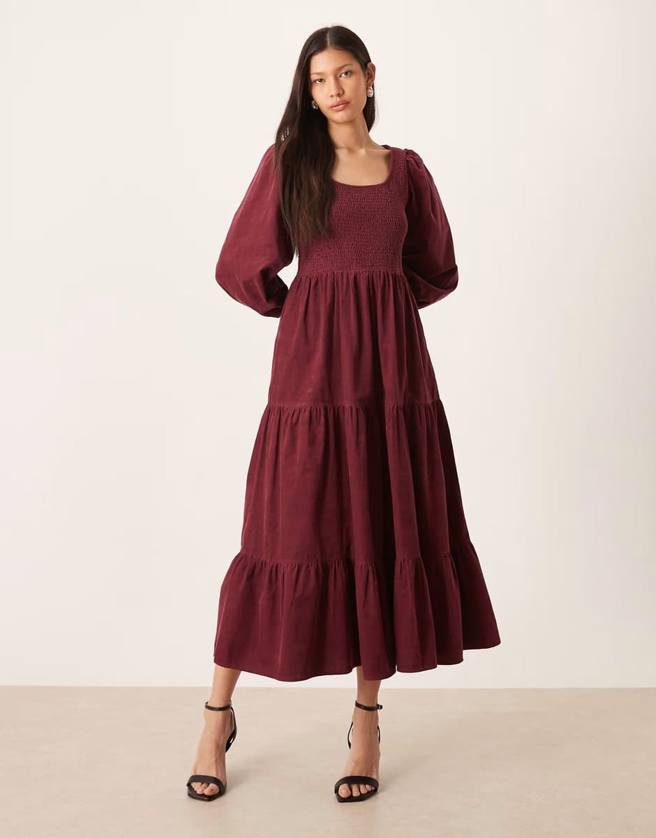 ASOS Nobody's Child Ruby cord shirred detail balloon sleeve tiered midi dress in burgundy
