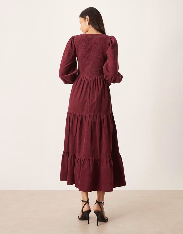 ASOS Nobody's Child Ruby cord shirred detail balloon sleeve tiered midi dress in burgundy - 3
