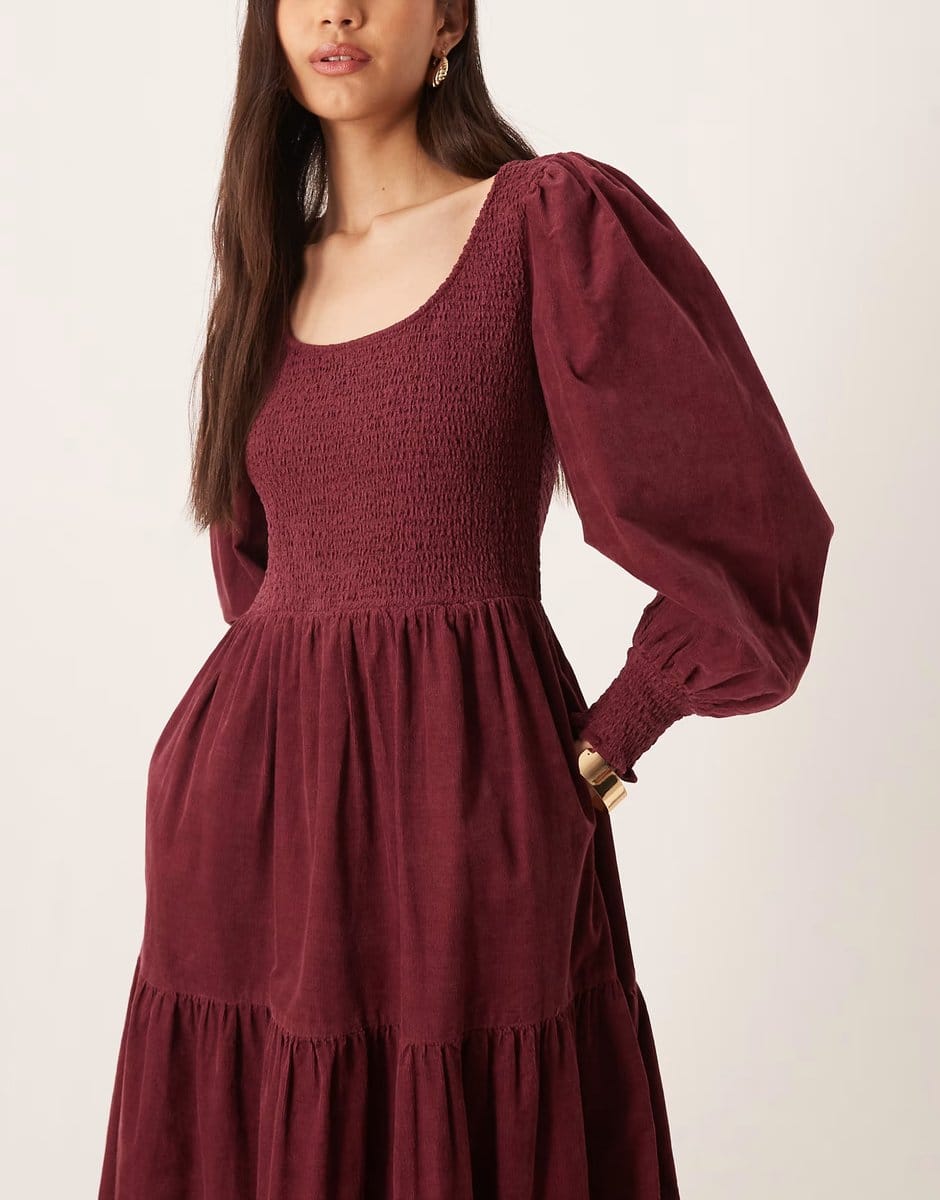 ASOS Nobody's Child Ruby cord shirred detail balloon sleeve tiered midi dress in burgundy - 4