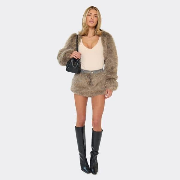 EGO Mid Rise Shorts In Grey Faux Fur, Women's Size UK 6