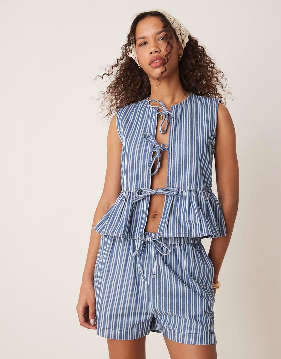 ASOS Threadbare co-ord tie front denim stripe waistcoat in blue