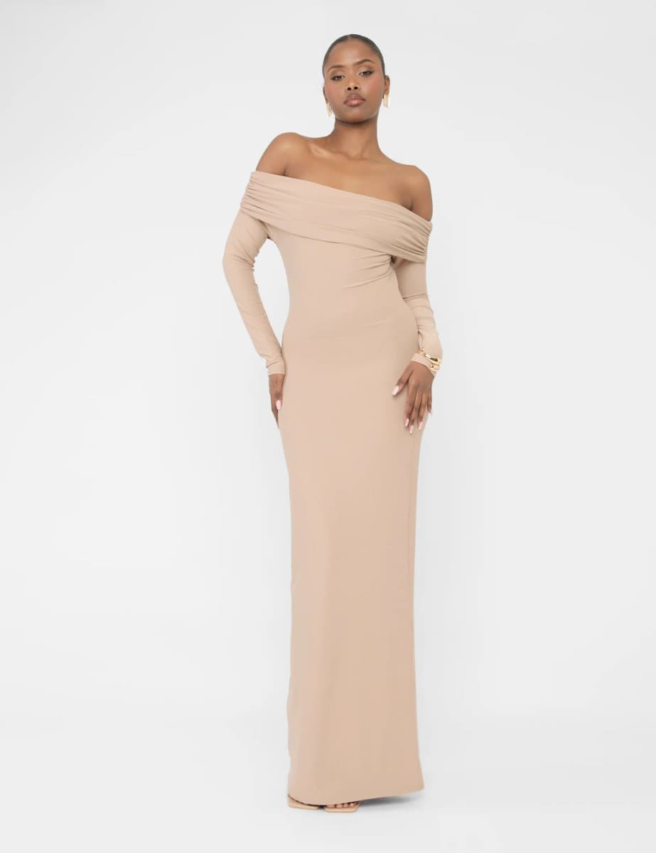 Public Desire Bardot Luxe Slinky Maxi Dress Latte