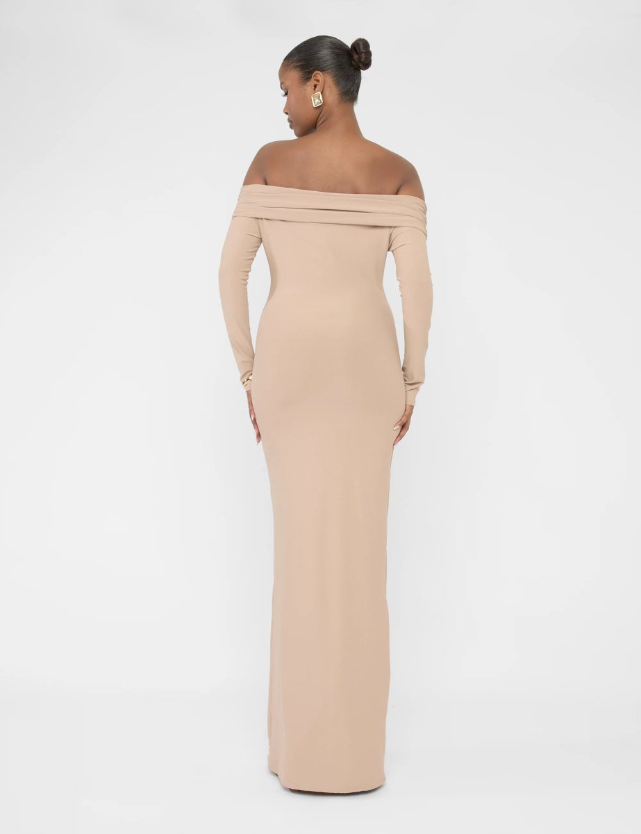 Public Desire Bardot Luxe Slinky Maxi Dress Latte - 2