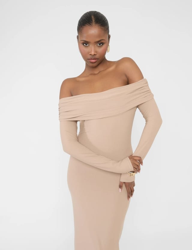 Public Desire Bardot Luxe Slinky Maxi Dress Latte - 3