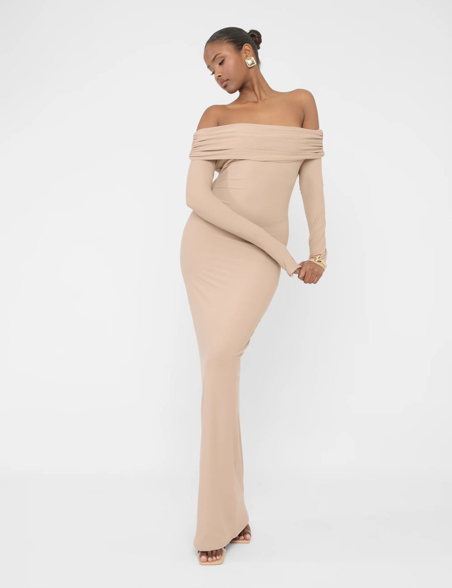 Public Desire Bardot Luxe Slinky Maxi Dress Latte - 4