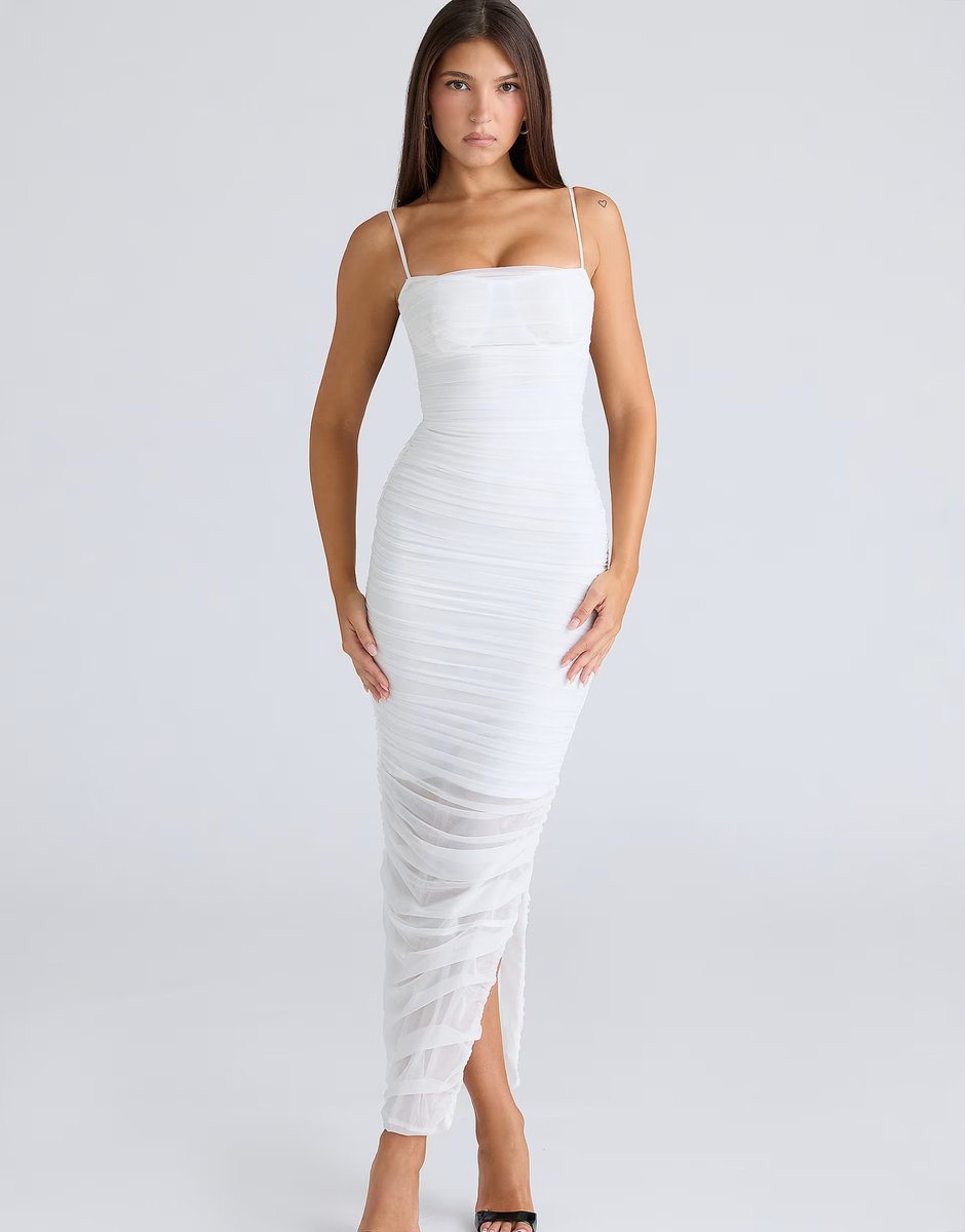 ASOS House of CB Fornarina white gathered stretch mesh midi dress in white - 1