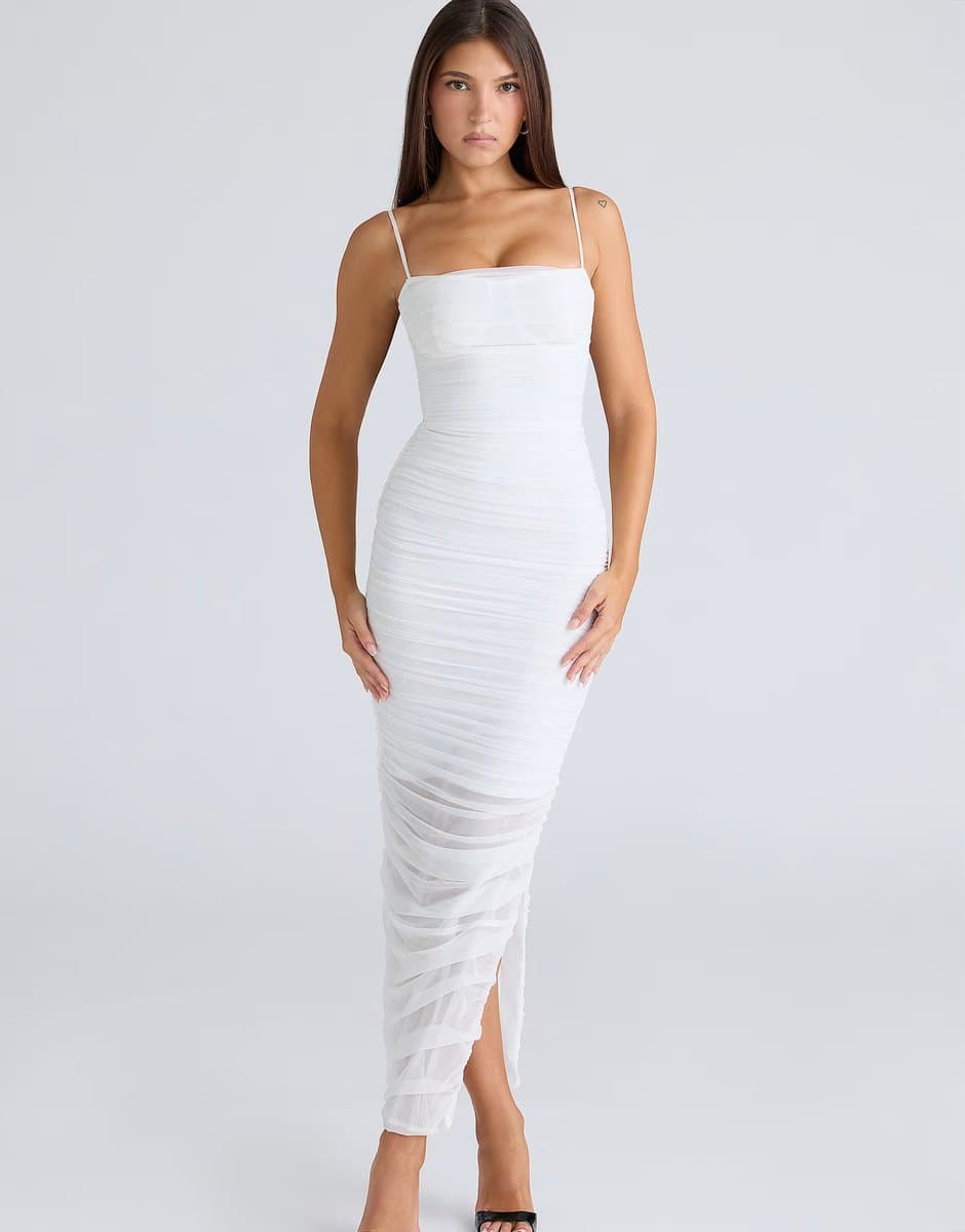 ASOS House of CB Fornarina white gathered stretch mesh midi dress in white