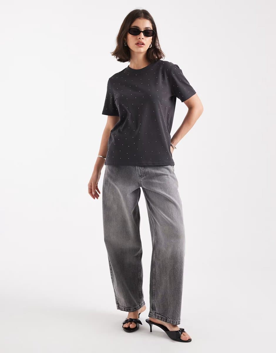 ASOS ONLY boxy t-shirt with rhinestones in charcoal