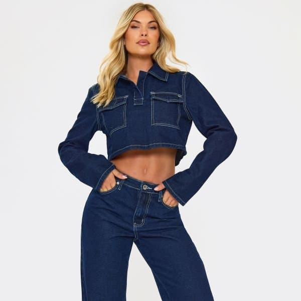 EGO EGO Long Sleeve Denim Crop Top in Indigo Blue