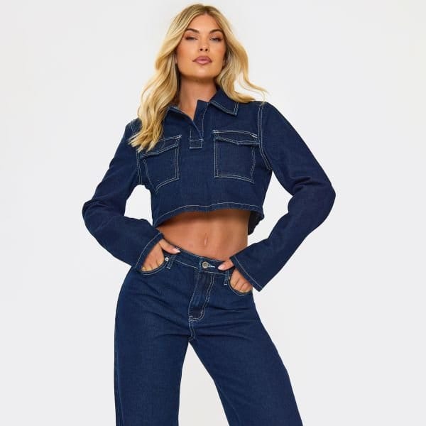 EGO Long Sleeve Pocket Detail Crop Top In Indigo Blue Denim, Women's Size UK 6 - 1