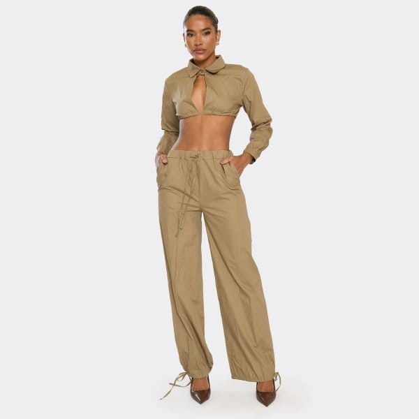 EGO Tie Waist Pocket Detail Wide Leg Trousers In Taupe, Women's Size UK 6 - 1