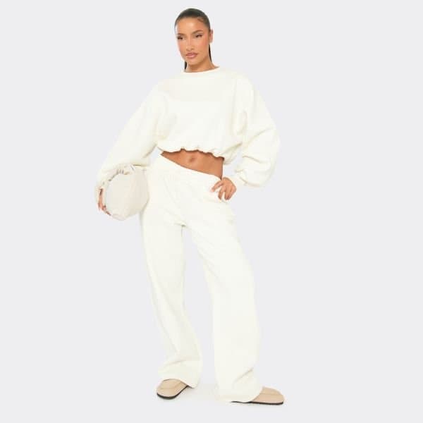 EGO Low Rise Wide Leg Joggers In Cream, Women's Size UK 8