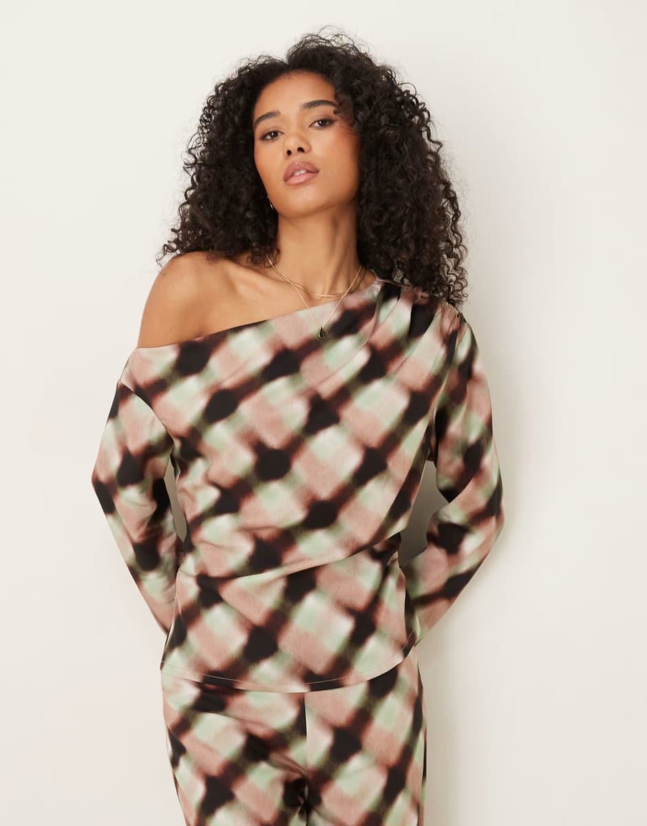 ASOS ASOS DESIGN soft asymmetric top co-ord with ruched detail in blurred check