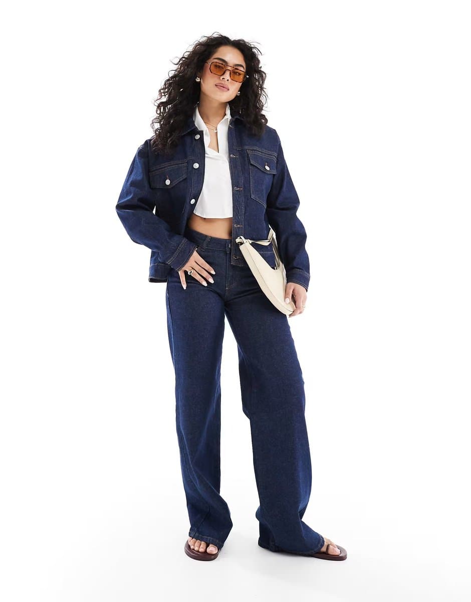 ASOS Pieces trucker jacket and Selma wide leg jeans in dark blue denim