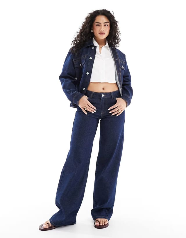 ASOS Pieces trucker jacket and Selma wide leg jeans in dark blue denim - 3