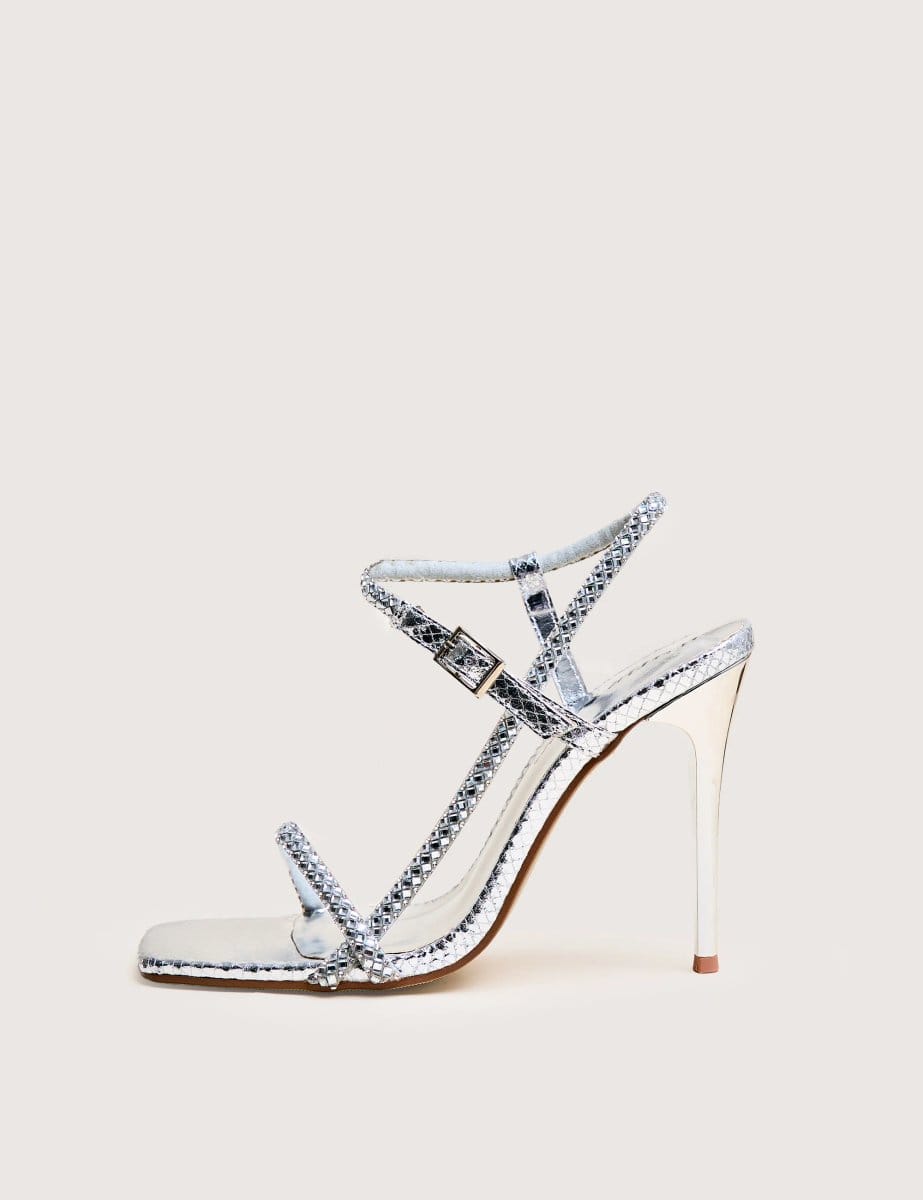 Public Desire Last Night Silver Snake Pu Diamante Strap Stiletto High Heels - 1