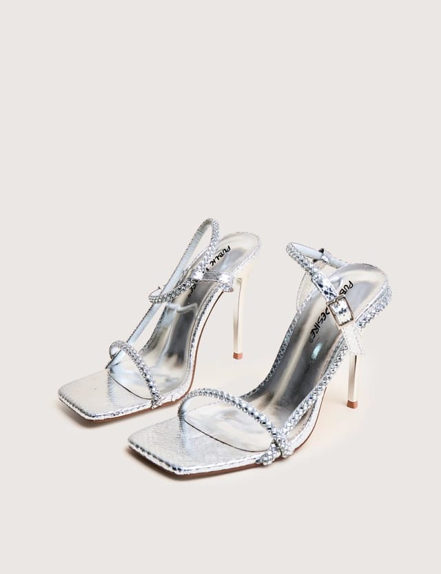 Public Desire Last Night Silver Snake Pu Diamante Strap Stiletto High Heels - 2