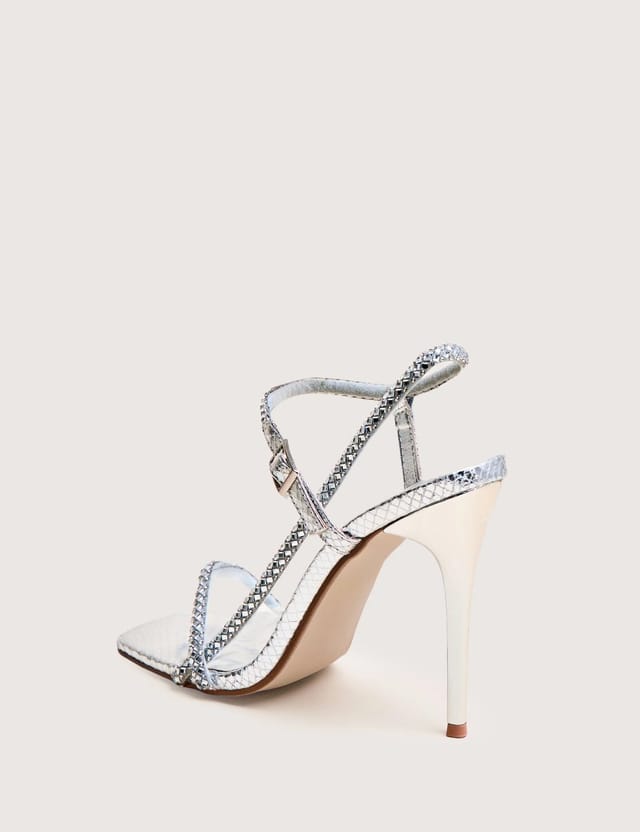 Public Desire Last Night Silver Snake Pu Diamante Strap Stiletto High Heels - 3