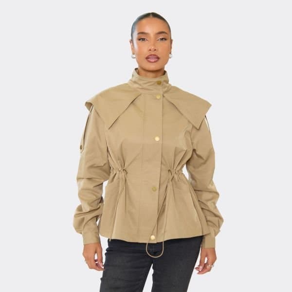 EGO EGO Long Sleeve Toggle Cinch Waist Hooded Jacket in Beige
