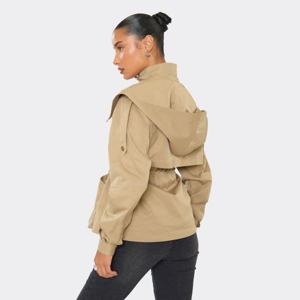 EGO Long Sleeve Toggle Cinch Waist Detail Hooded Jacket In Beige, Women's Size UK 6 - 2
